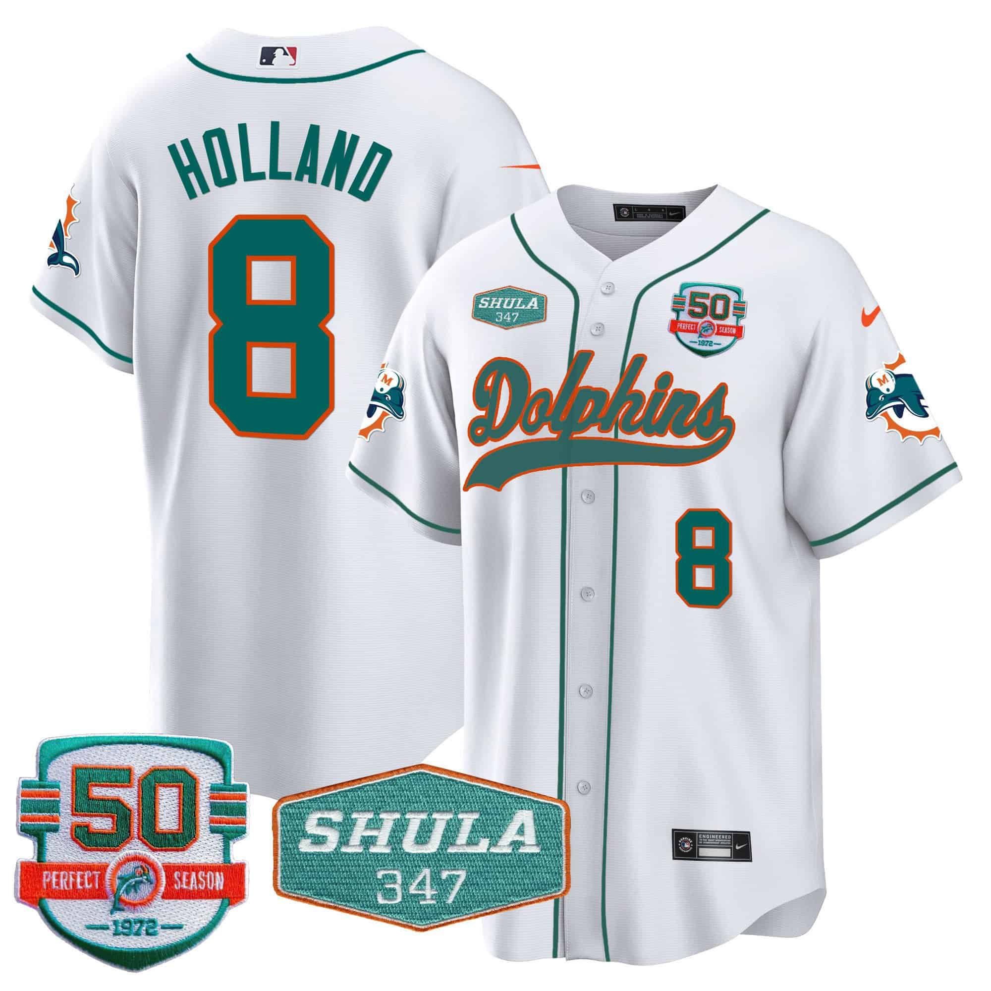 Men Miami Dolphins 8 Holland White 2024 Nike 50th Don Shula Memorial Patch Baseball NFL Jersey